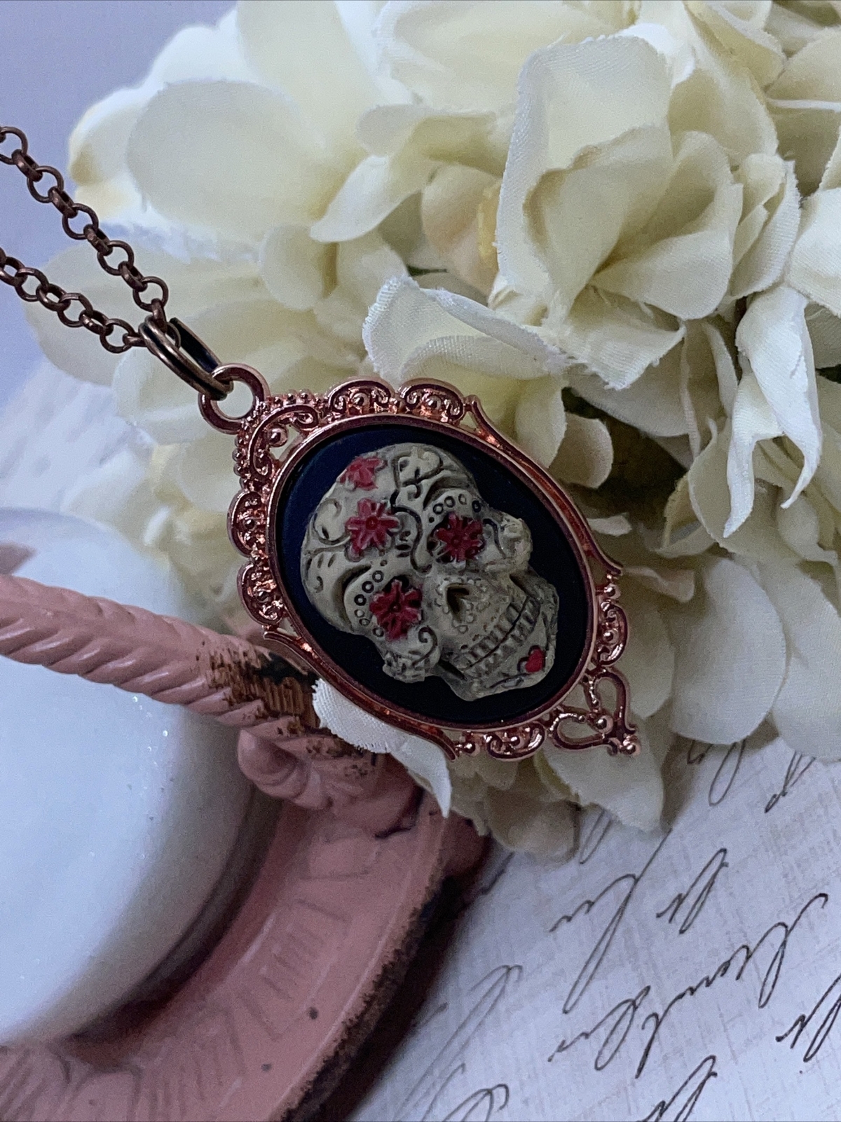 Sugar Skull Gothic Heart Wedding Rose Gold Party Birthday gift necklace Cameo