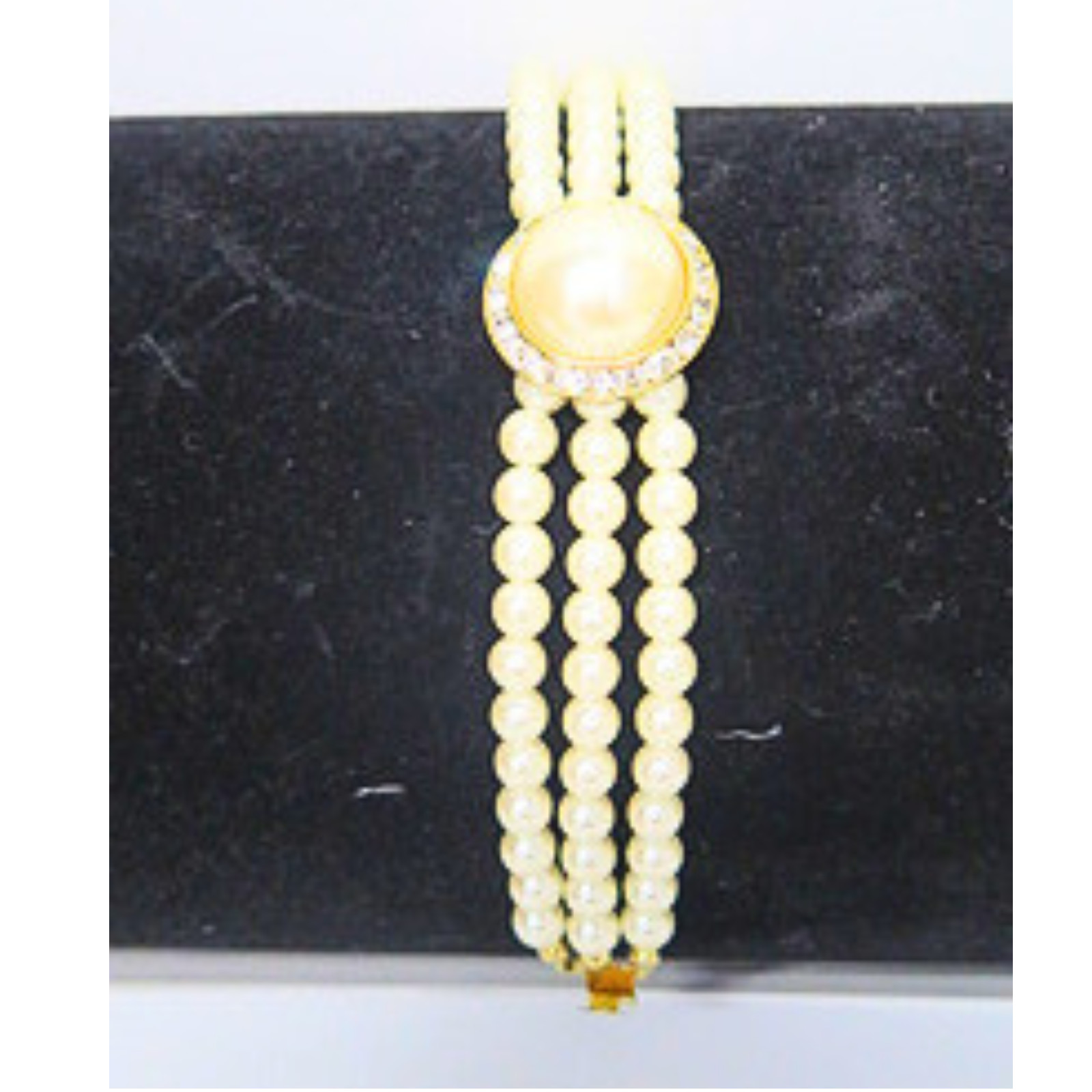 Vintage 4 Strand Faux Pearl Bracelet Rhinestone Gold Tone Estate 7.5″ Bridal