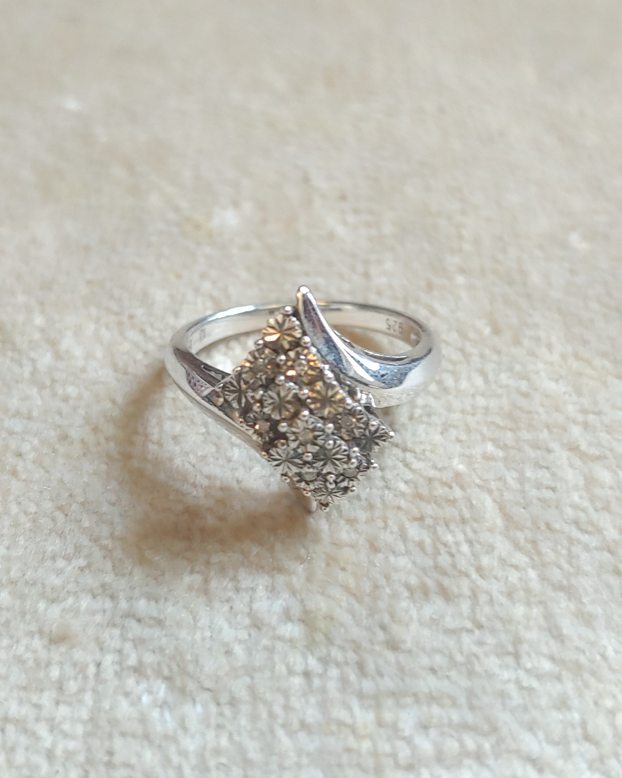 MCM Palladium Silver Diamond Bypass Cluster Ring