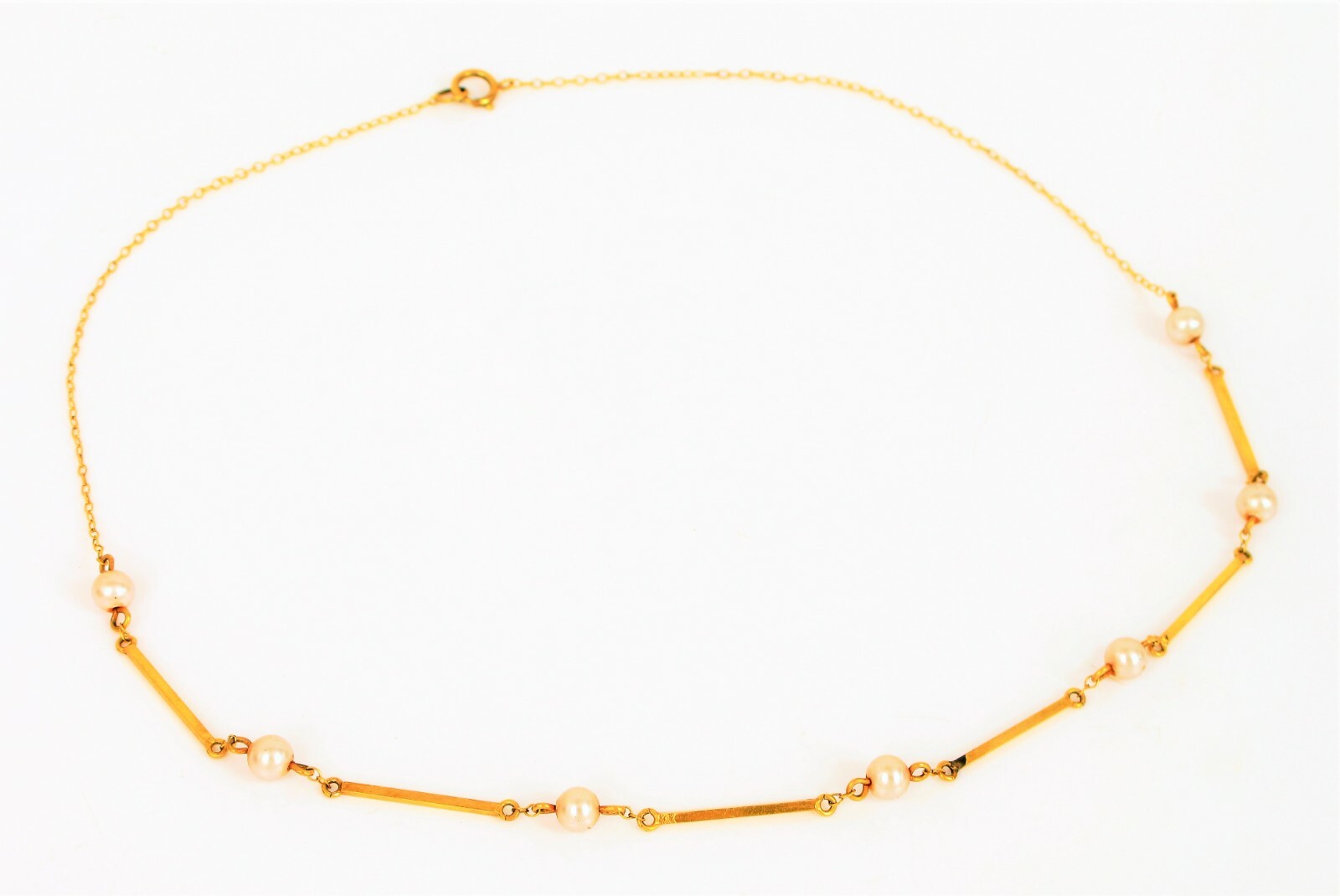 VINTAGE BEAUTIFUL 14K YELLOW GOLD SQUARE BAR LINK PEARL NECKLACE 16″ 3.2 GRAMS !