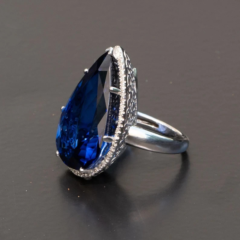 11.40 Ct Pear Cut Natural Sapphire Diamond Engagement Ring 14K Real White Gold 7