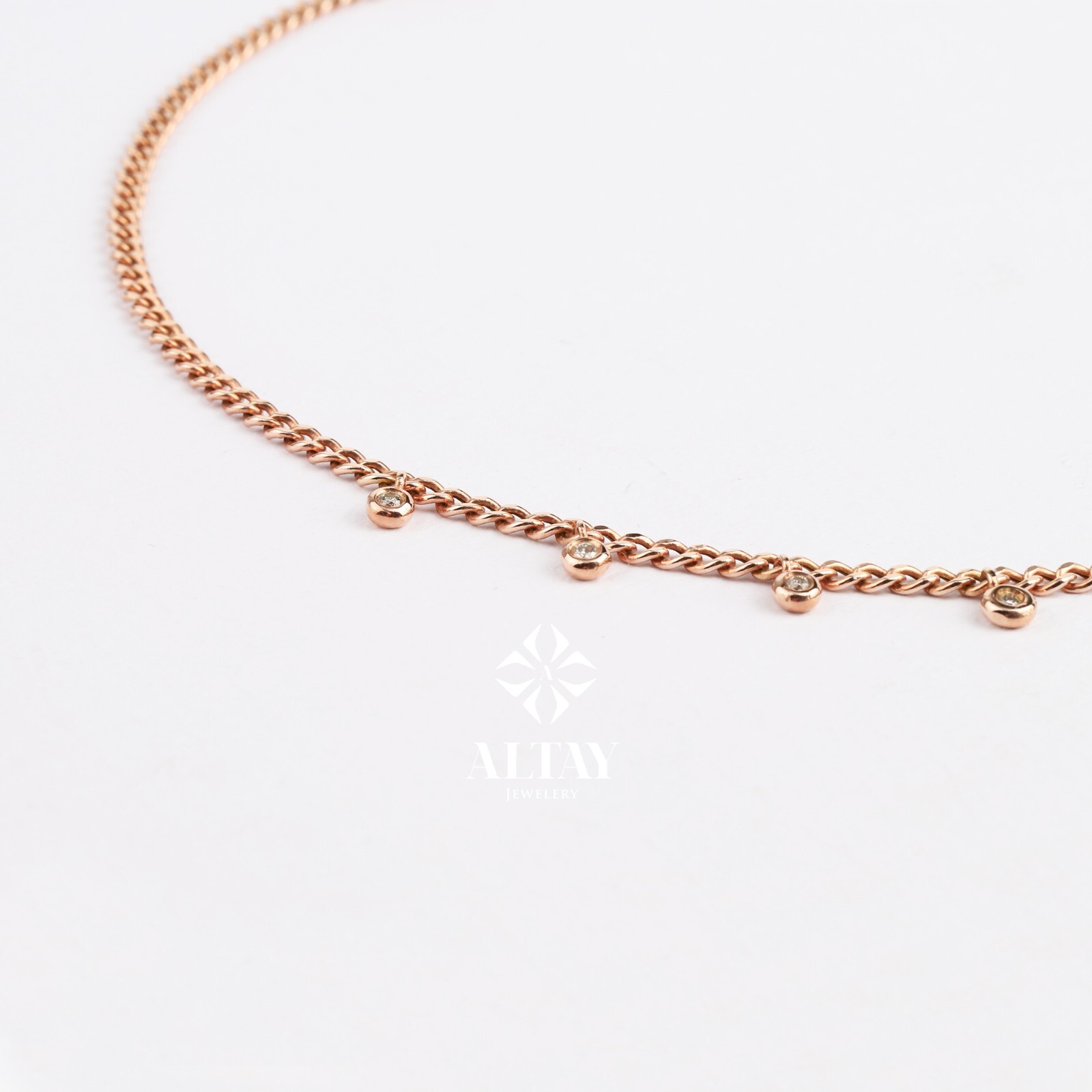 14K Gold Cz Stone Station Necklace, 0.23 ct Bezel Set Cz Stone Choker Necklace