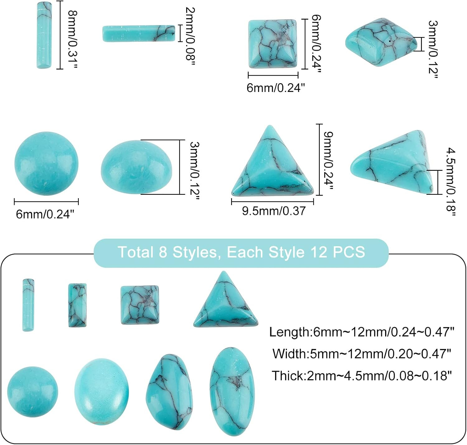 96Pcs Stone Cabochons, 8 Shapes Blue Texture Gemstone Tiles Column Square Bead H