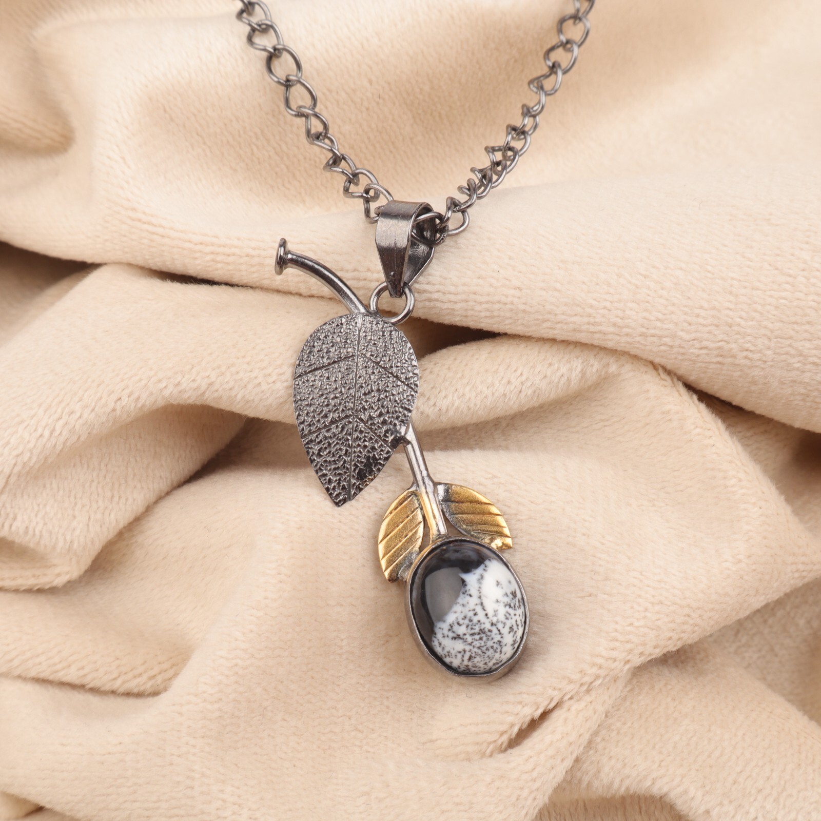 925 Sterling Silver Oval Dendritic Opal Gemstone Daughter Bezel Handmade Pendant