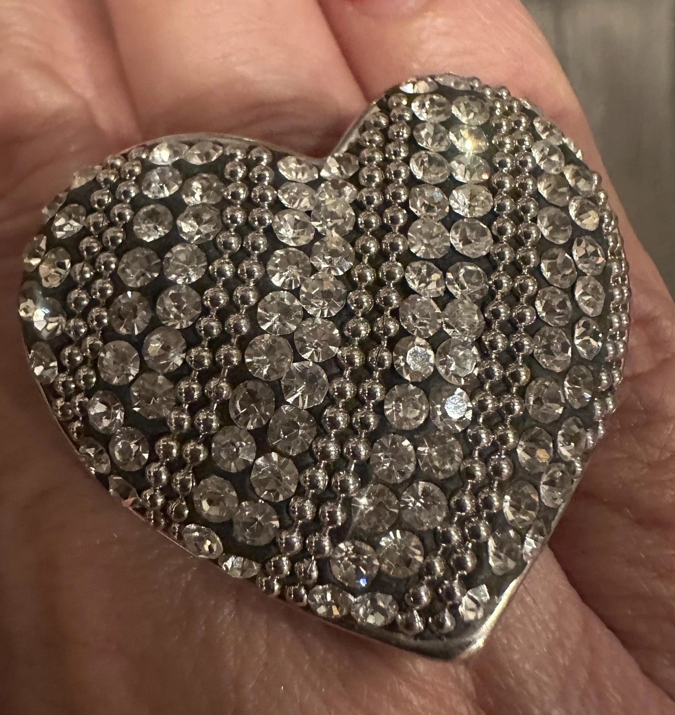 Rhinestone Heart Silver Tone Bling Statement Cocktail Ring Glam Size 8 Stretch