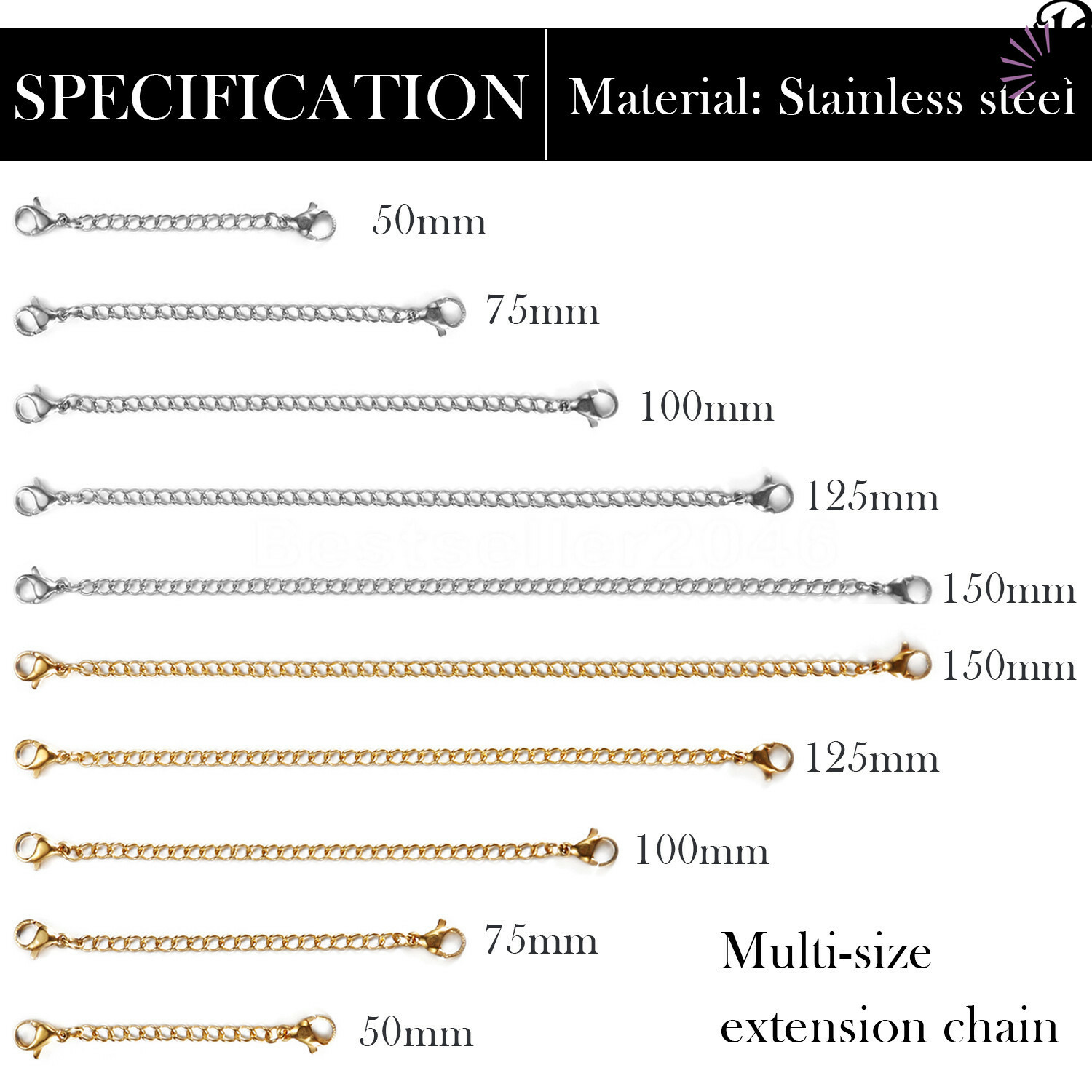 10pcs Stainless Steel Safety Chain Extender Necklace Bracelet Lobster Chain Set