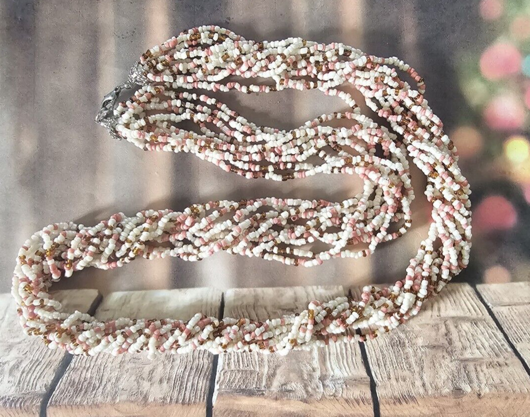 Excellent 10 Strand Twisted Beaded Necklace Peach Coral Ivory Brown Handmade 26″