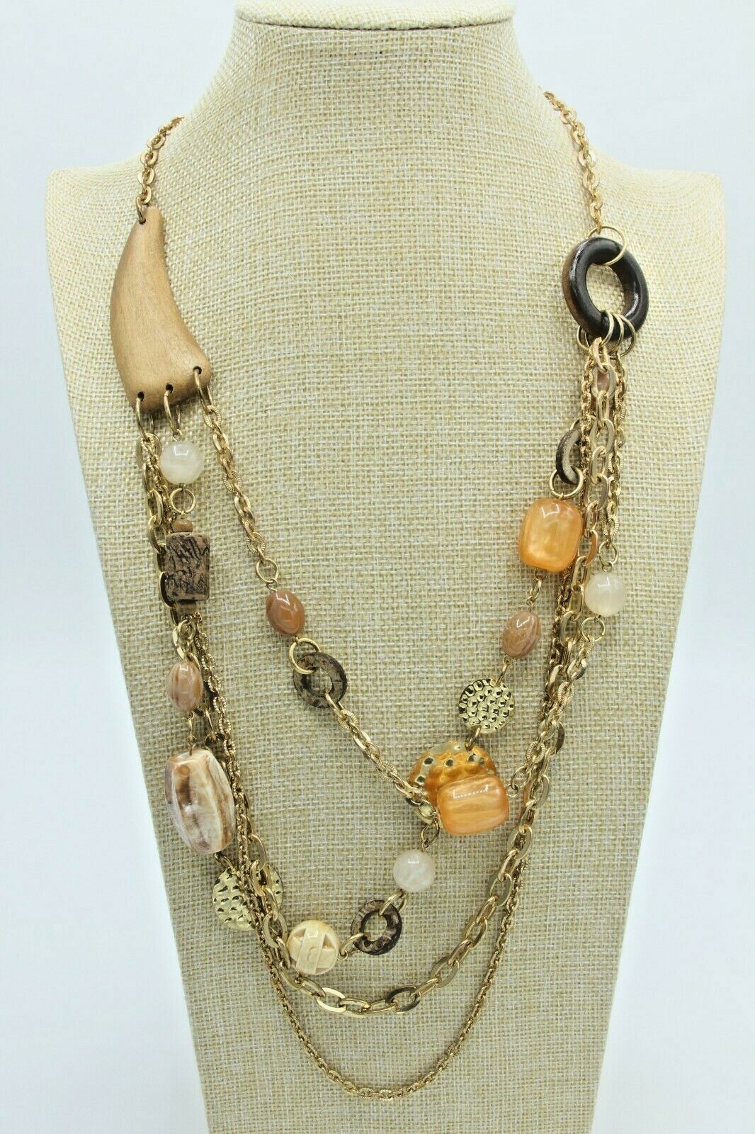 Sharks Tooth Necklace Earth Wood Beaded Chain Surfer Tribal Beach Jewelry