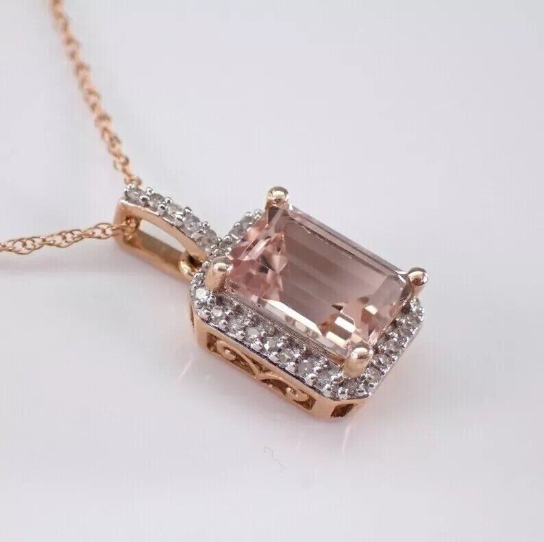 3Ct Emerald Cut Simulated Morganite Halo Lovely Pendant In 14K Rose Gold Plated