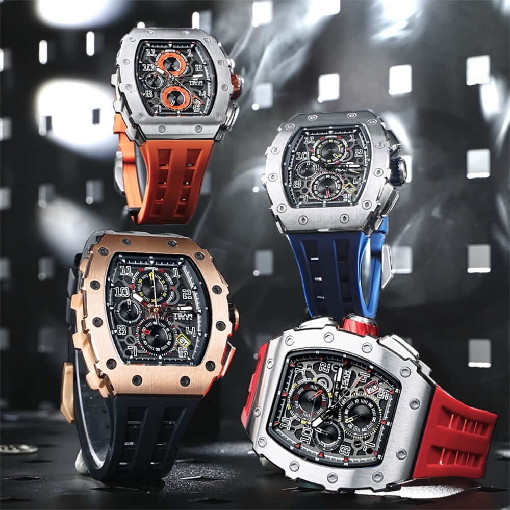 TSAR BOMBA Luxury Men’s Quartz Watch Tonneau Design 5ATM Chronograph Silicone