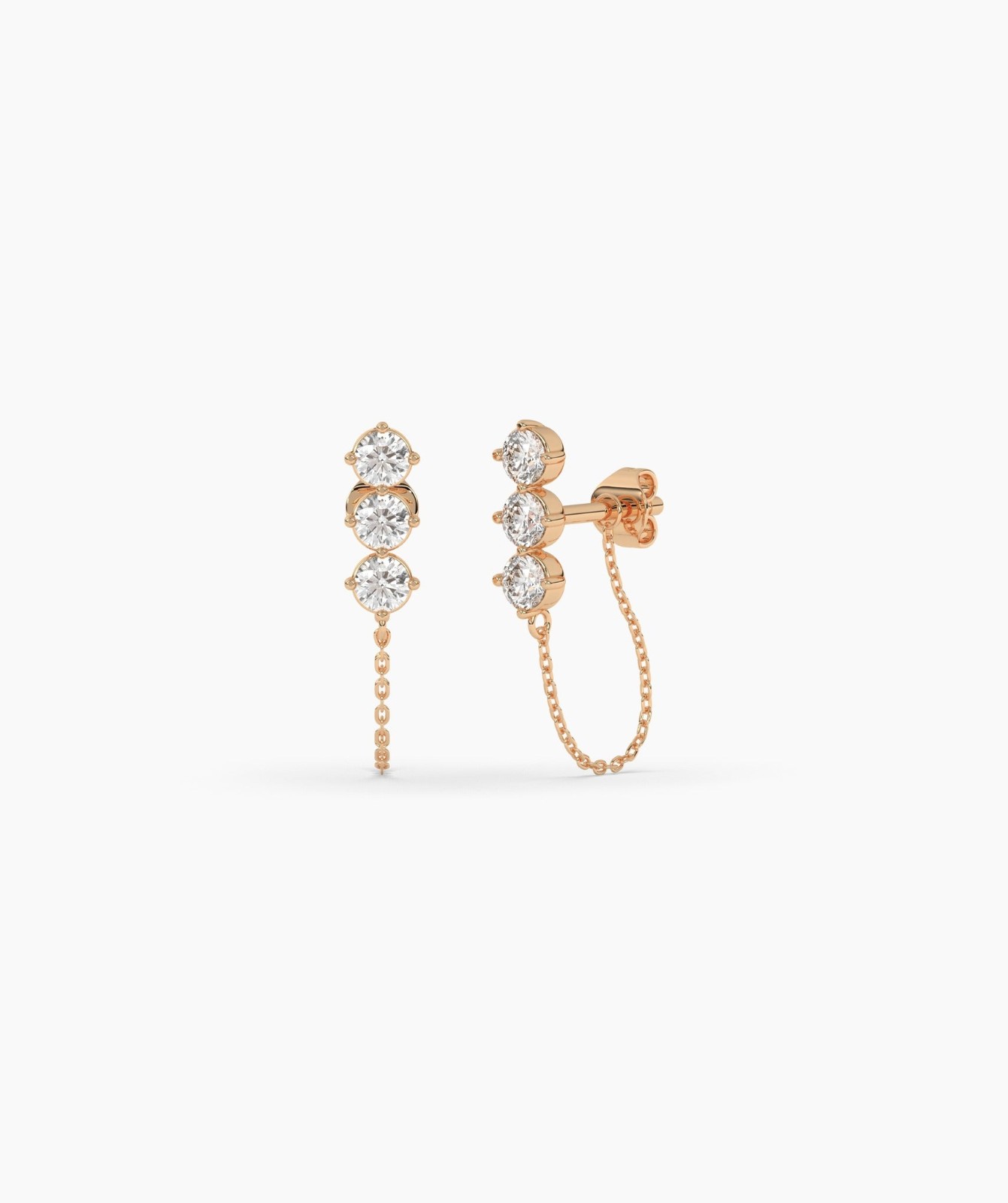 14K Gold Round Lab Grown Diamond Three Stone Climber with Chain Loop Earrings