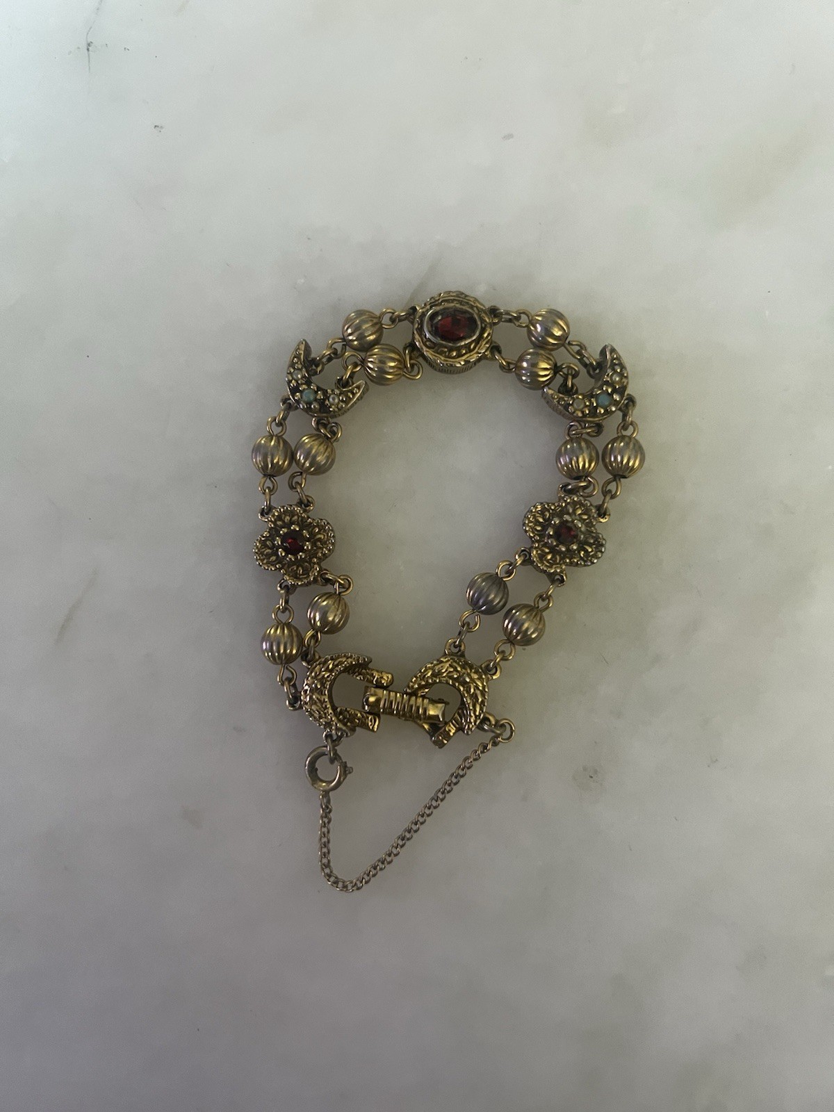 Goldette Victorian Revival Charm Bracelet with Safety Chain Unsigned
