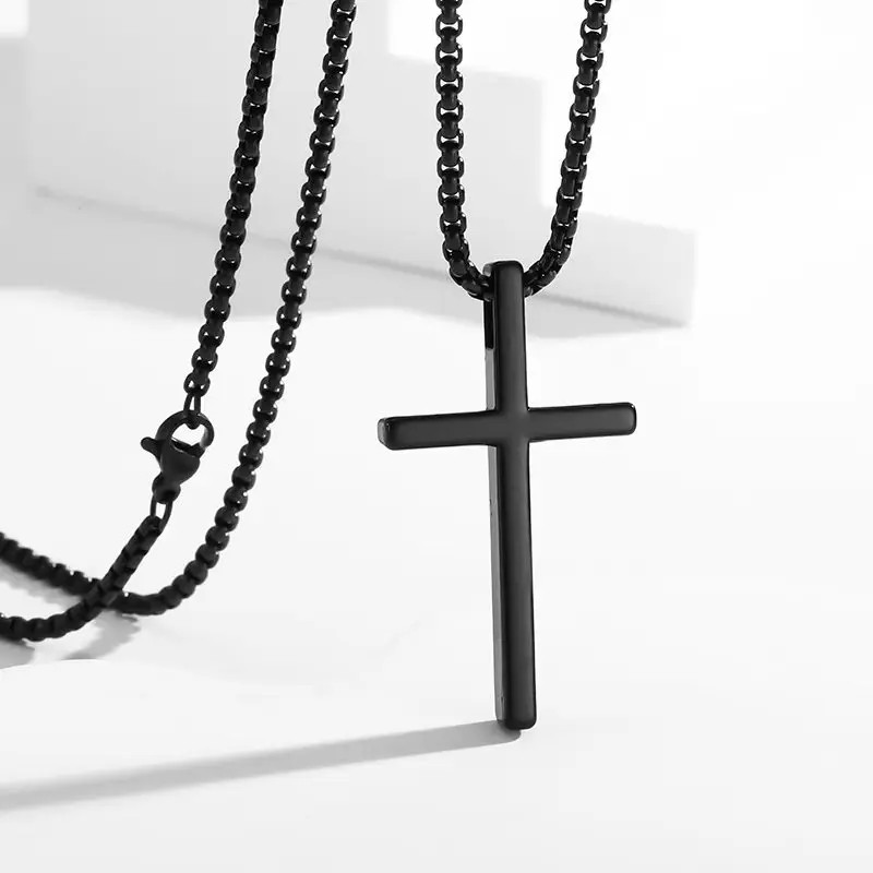 Men’s Hip Hop Cross Pendant Necklace Simple Punk Silver Titanium Steel Chain Fas