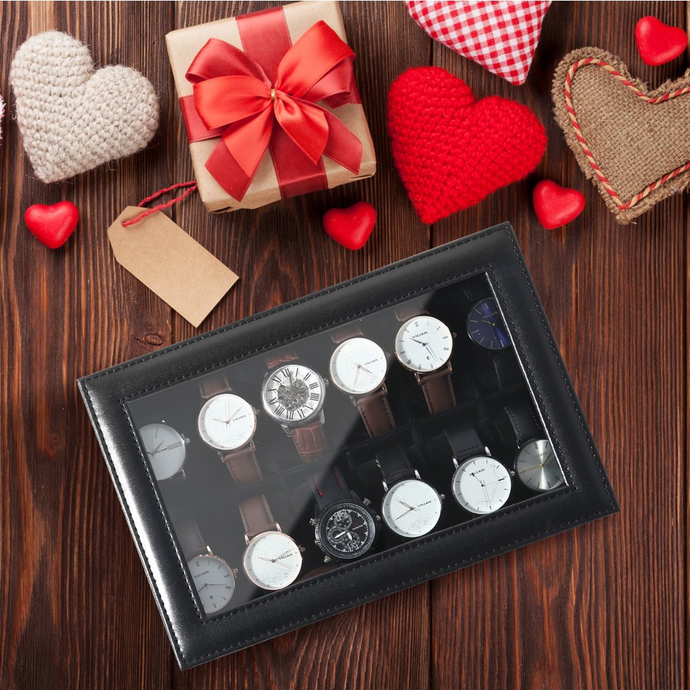 12 Slots Watch Box PU Leather Watch Case Lockable Jewelry Storage Display Case