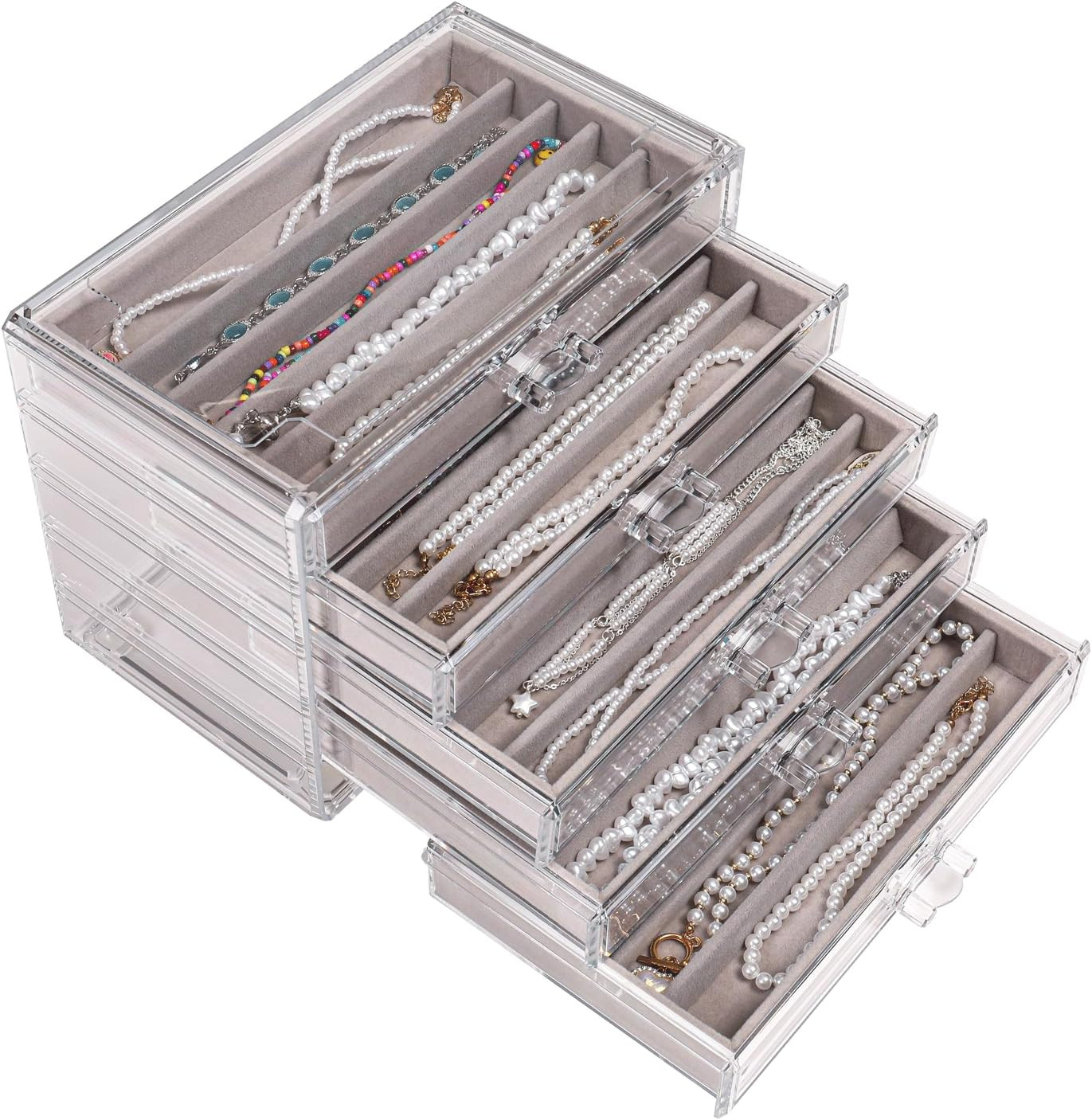 5 Drawerss Necklace Organizer Box, Tray with Clear Lid, Dustproof Velvet Necklac