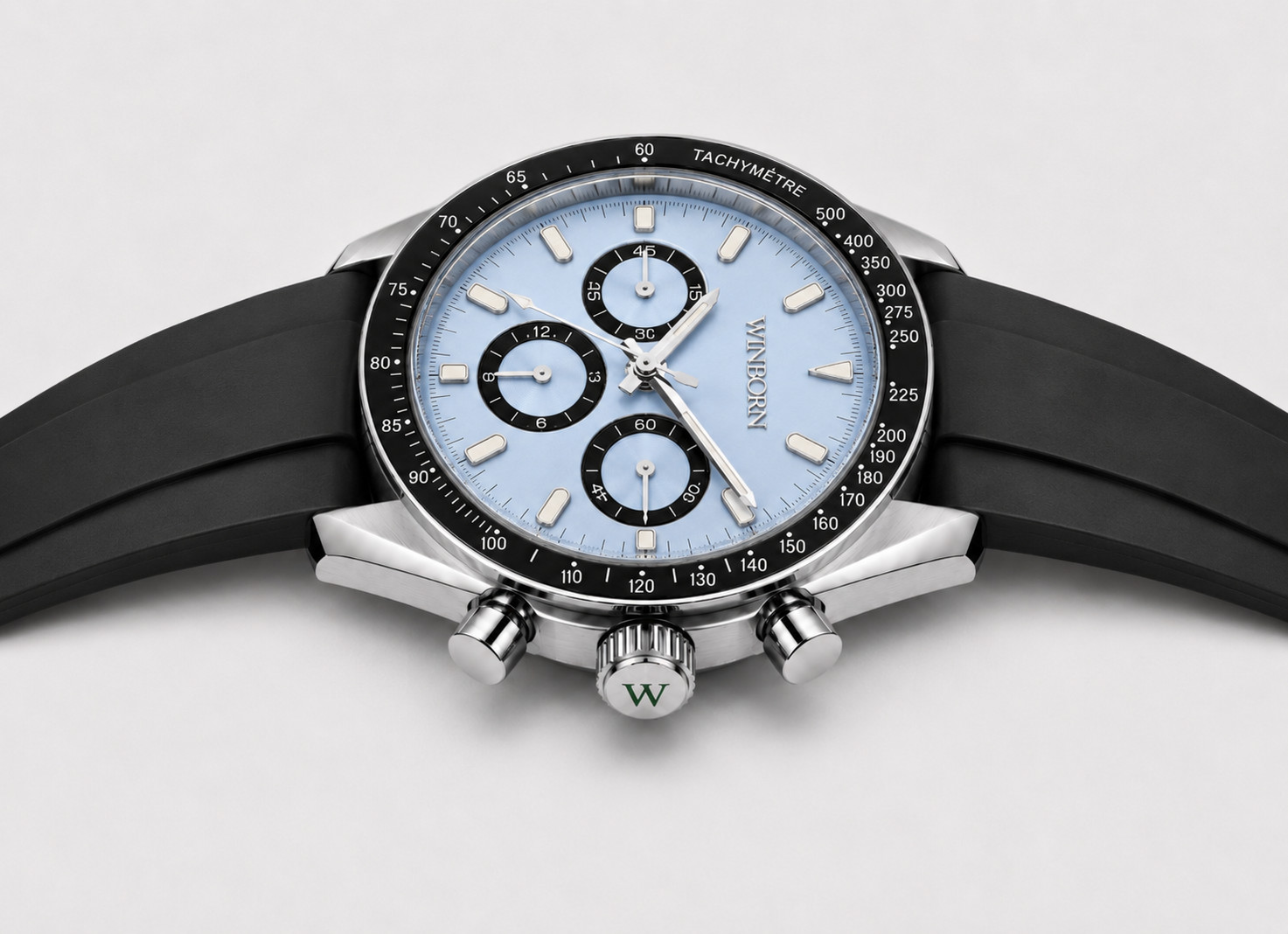 Winborn Ice Blue Dial Chronograph Watch Rubber Strap Tachymeter VK63 41mm