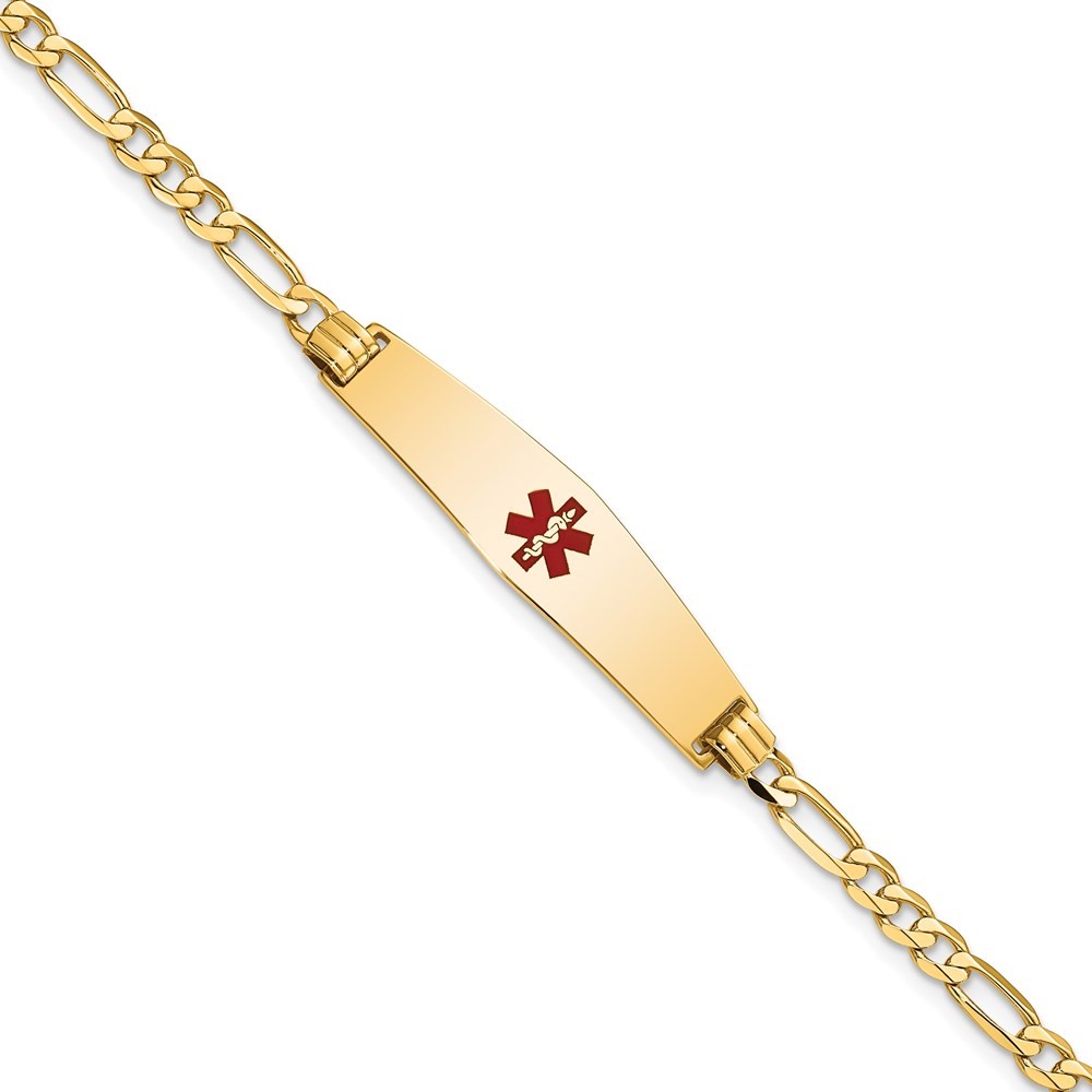 14K Yellow Gold Solid Chain 33x8mm Red Enamel Flat Figaro Link Bracelet 7″
