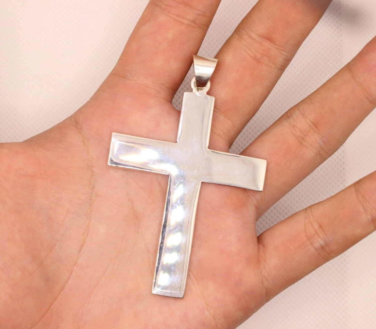 925 Sterling Silver Polished Latin Cross Pendant Simple Large Flat 2.4 inch tall