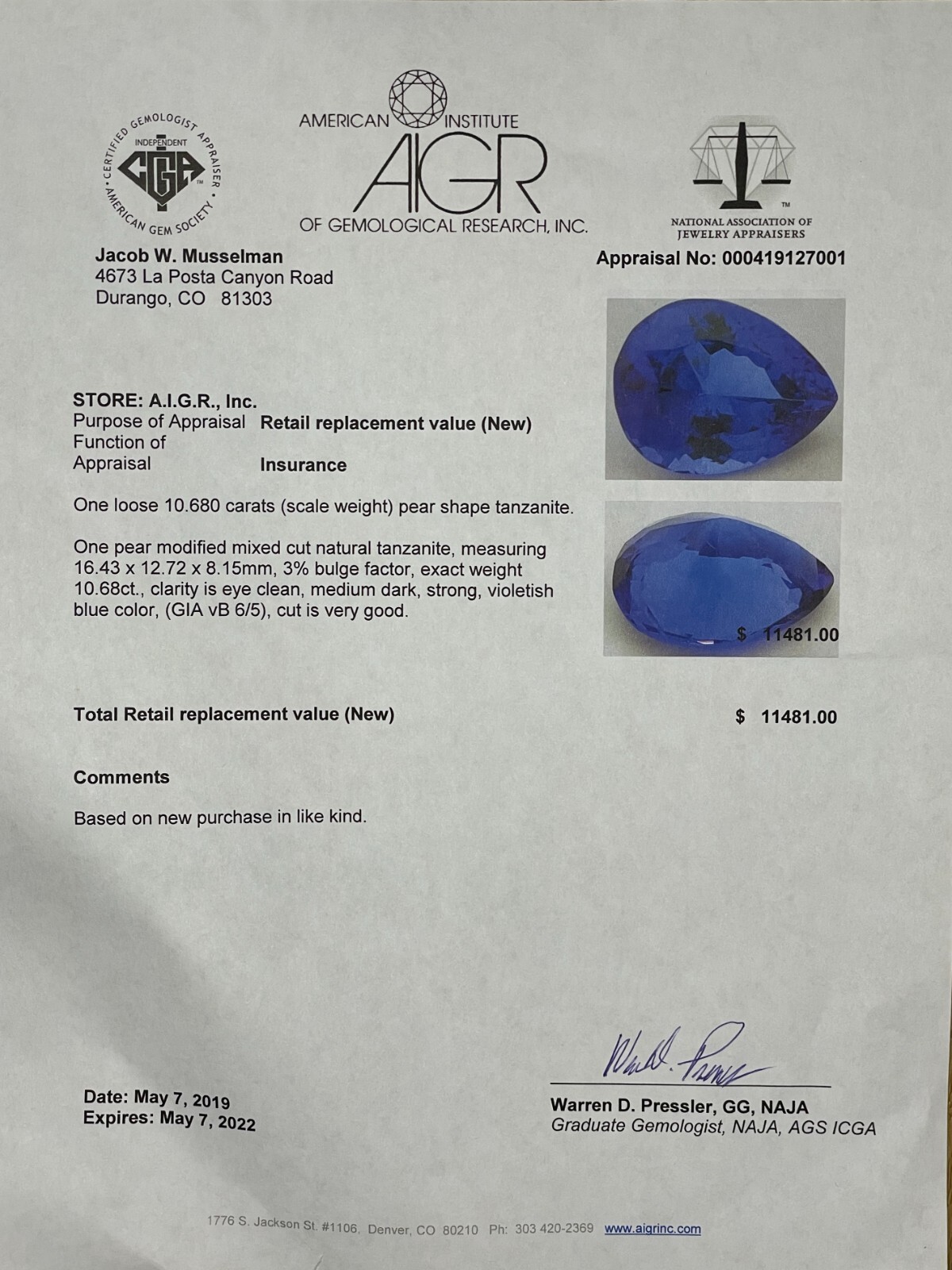 10.68ct Certified Tanzanite Pear Shape Natural Gemstone Very Good Cut Loose