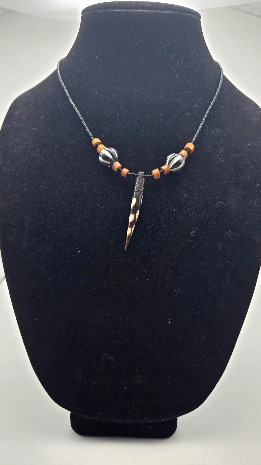 Vintage Kenyan Batik Buffalo Bone Spike Pendant Necklace African Tribal Boho 18″