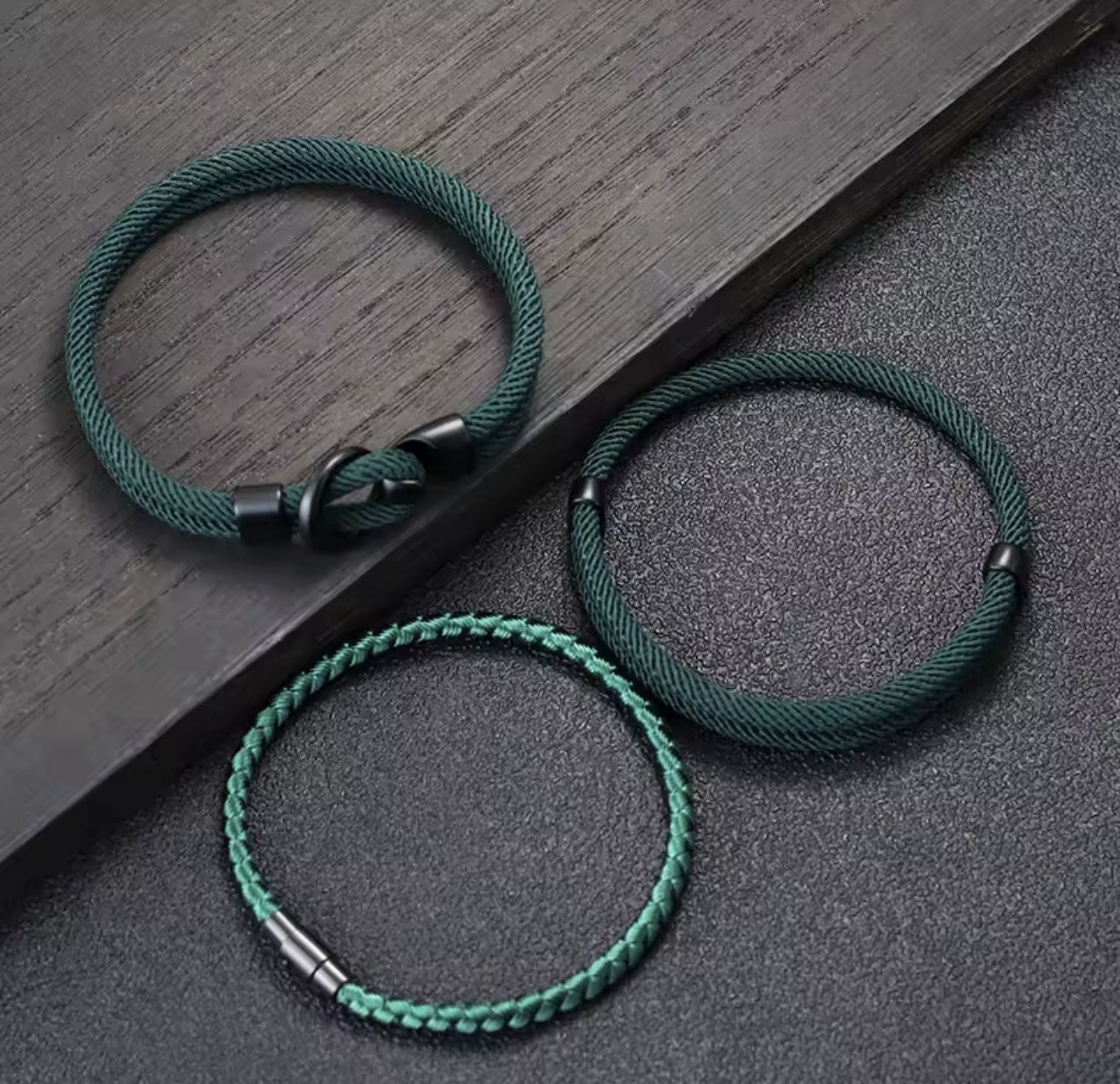 3pcs Men’s green and black braided fabric bracelet set, nautical-style, 20.5cm.