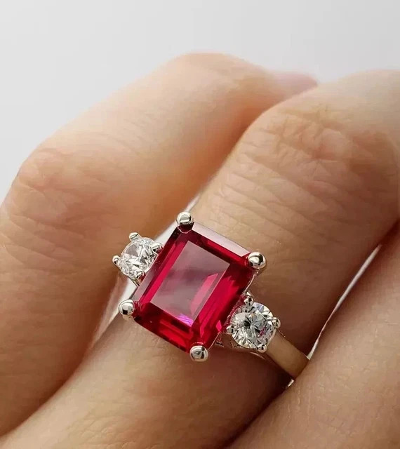 2Ct Emerald Cut Simulated Ruby Solitaire with accent Ring 14K Yellow Gold Plated