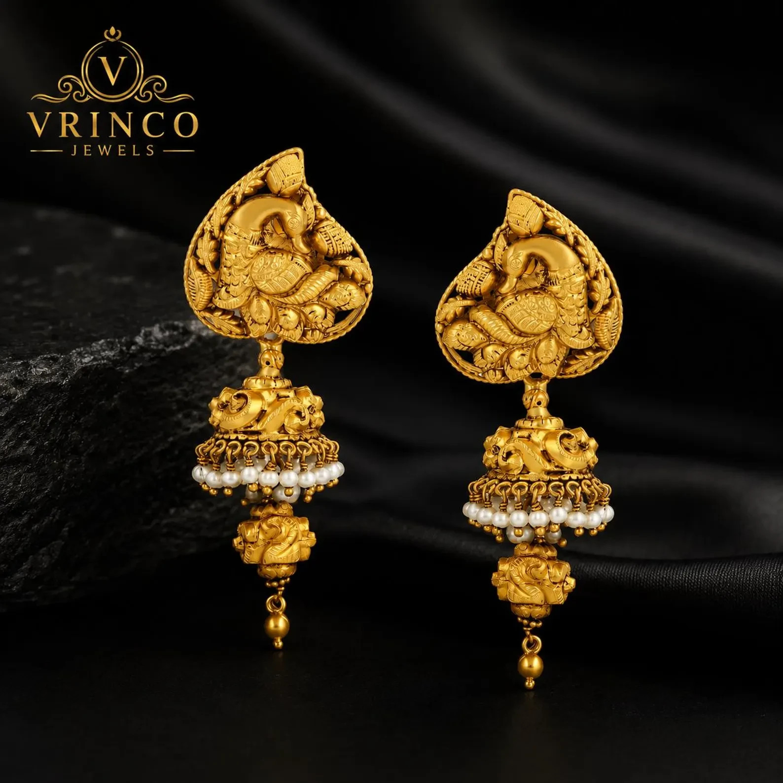 Kalapin 22KT Hallmarked Yellow Gold Long Jhumka Earrings Traditional Bridal Jewe