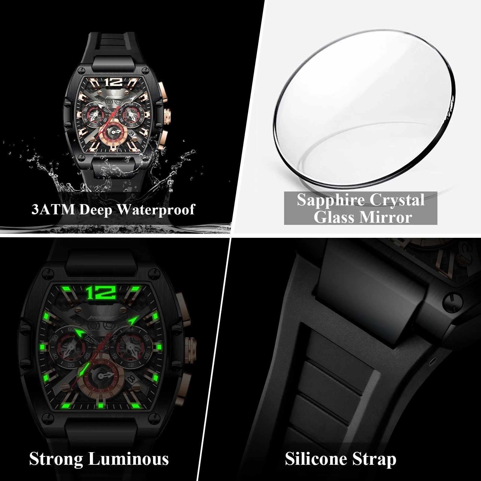 Men’s Waterproof Waterproof Luminous Silicone Quartz Watches for Casual Sports.