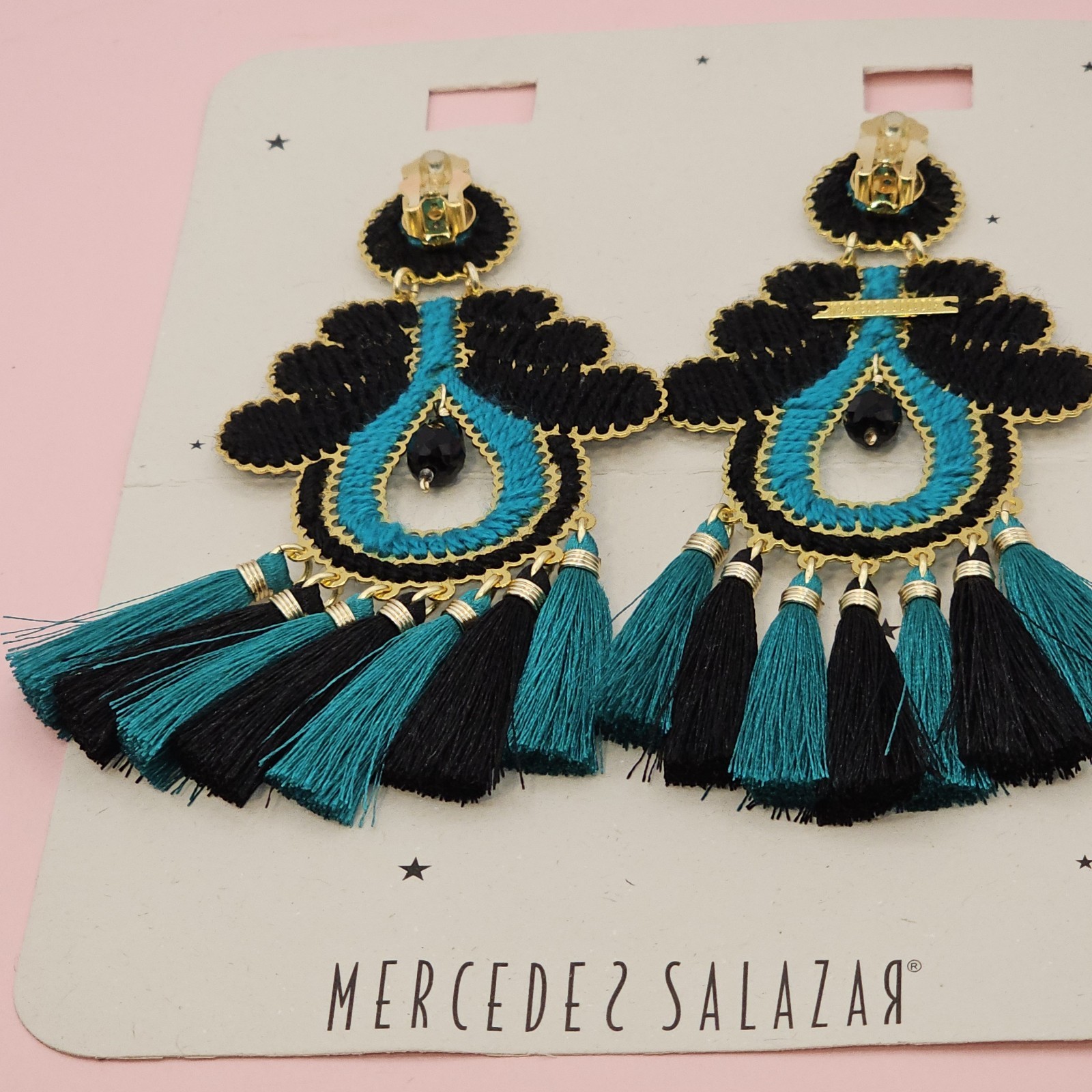 Mercedes Salazar Designer Signed Statement 5″ Vtg Earrings Blue Black Dangle…