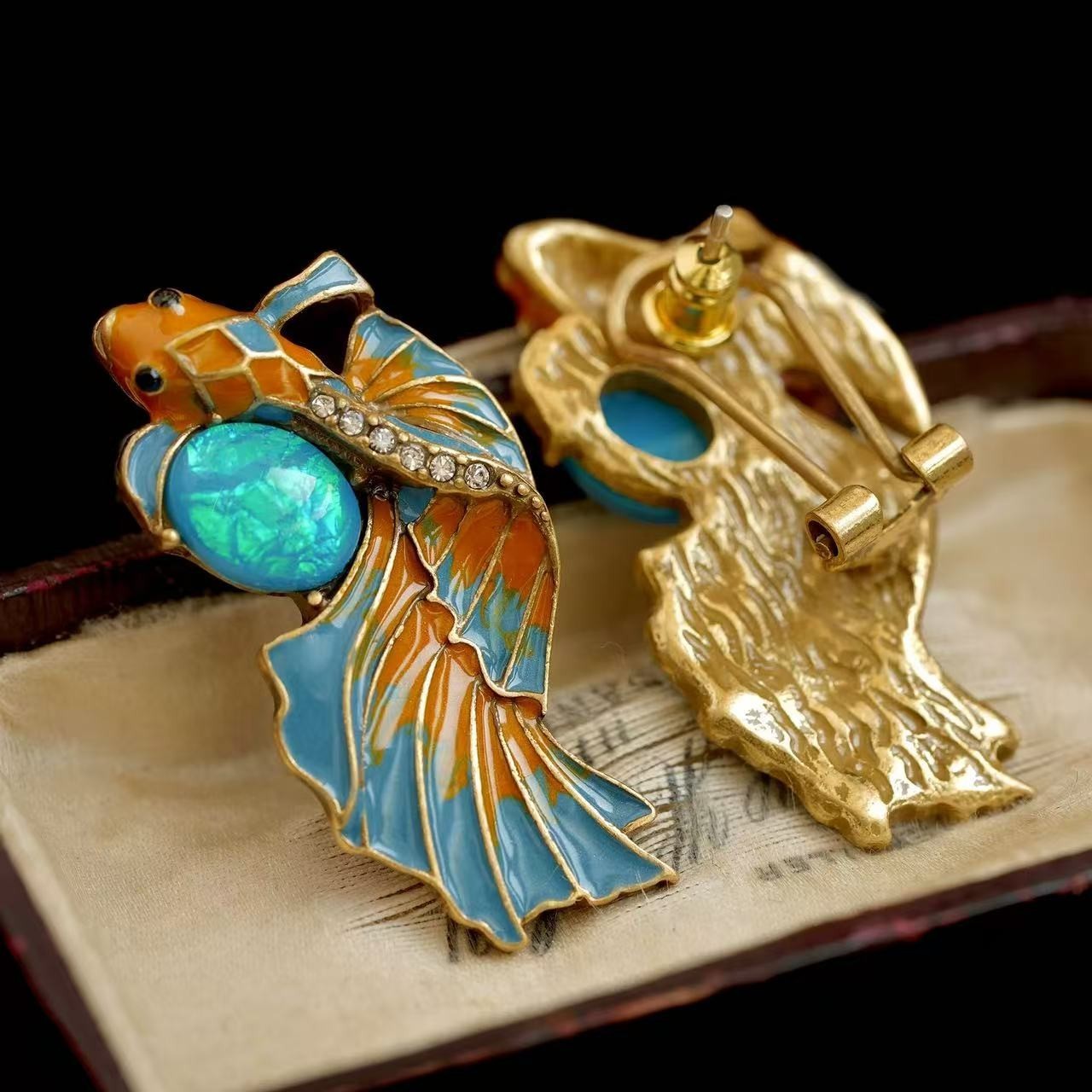 Vintage Enamel Koi Fish Earrings Art Nouveau Statement Jewelry Gold Blue Orange