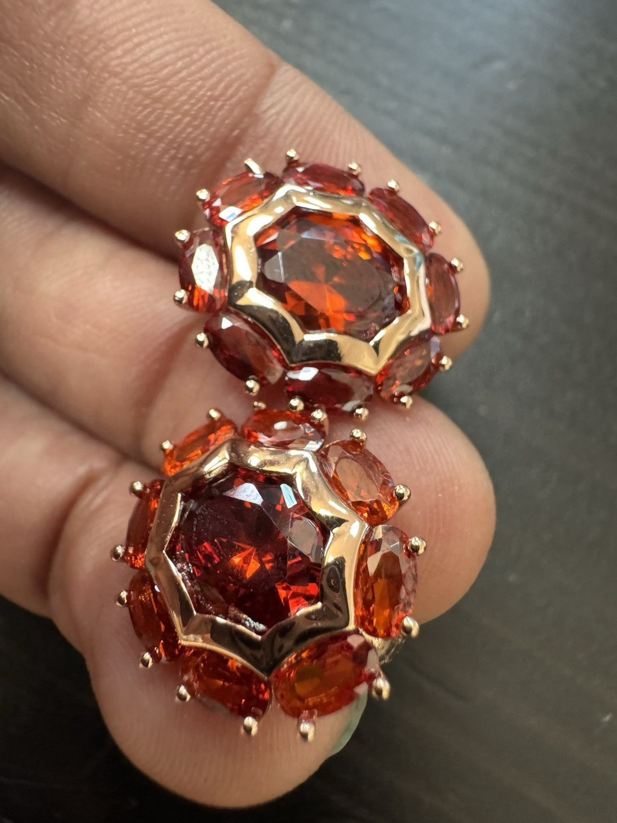 585 14K RG Rose Gold Stamped Cluster Cognac Orange Stud Earrings