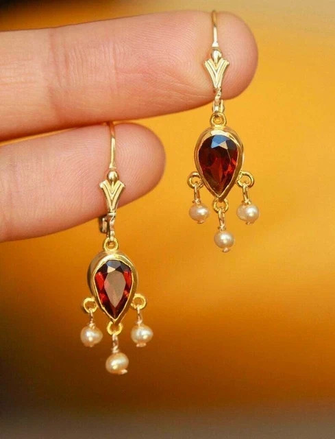 Unique Dangle Earrings 2Ct Pear Lab Created Garnet 14K Yellow Gold Plated Silver