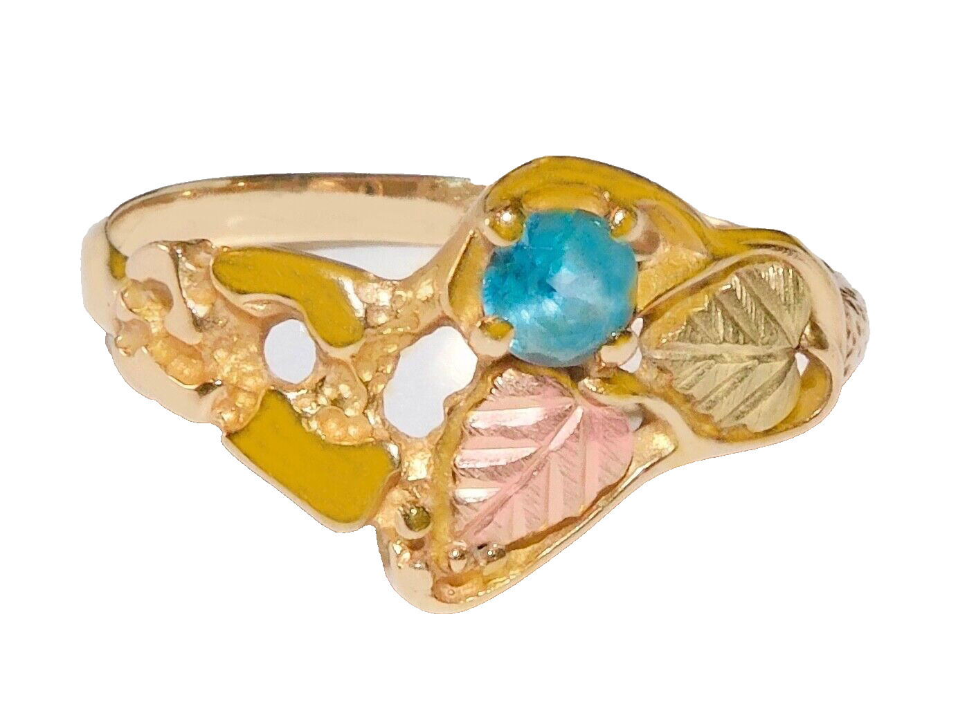 Black Hills Gold 10k Blue Topaz Nugget Leaves Ring Size 10