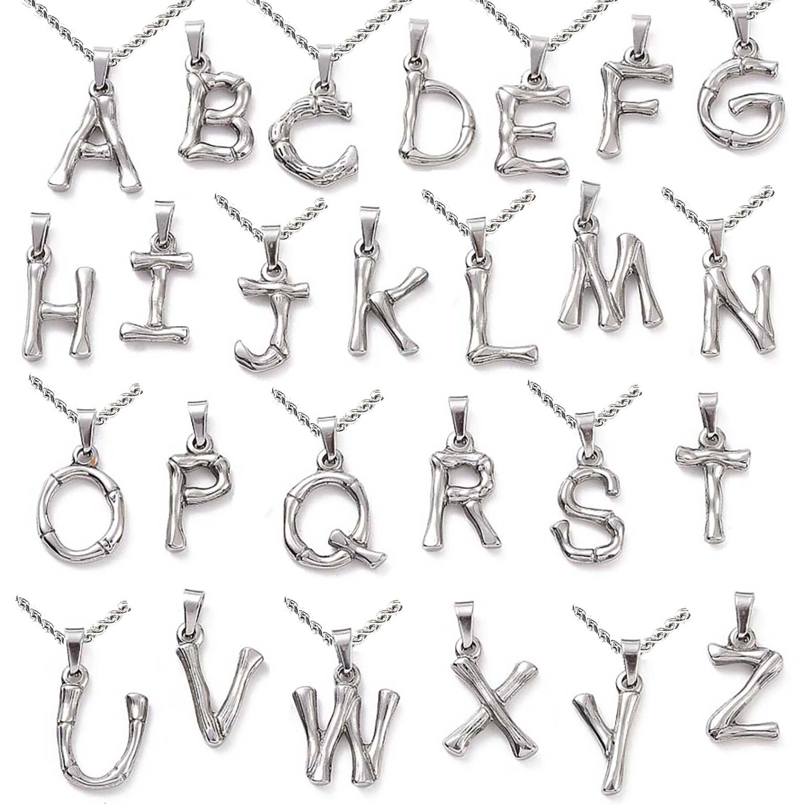 Silver Stainless Steel Monogram Letter Charm Chain Necklace with Initial Pendant