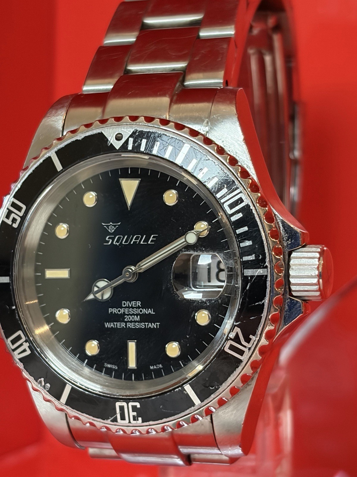 Squale 1545 Swiss Automatic Diver 200m Black Dial Steel Bracelet Date Box