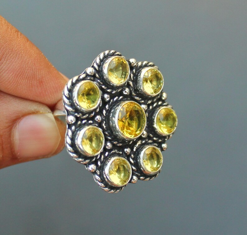 Citrine Cluster Ring | Vintage Style Citrine Ring | Yellow Gemstone silver ring