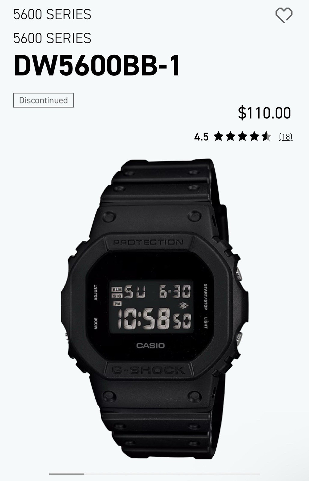Casio G-SHOCK 5600 Series Black Digital Resin Strap Watch 200m Alarm