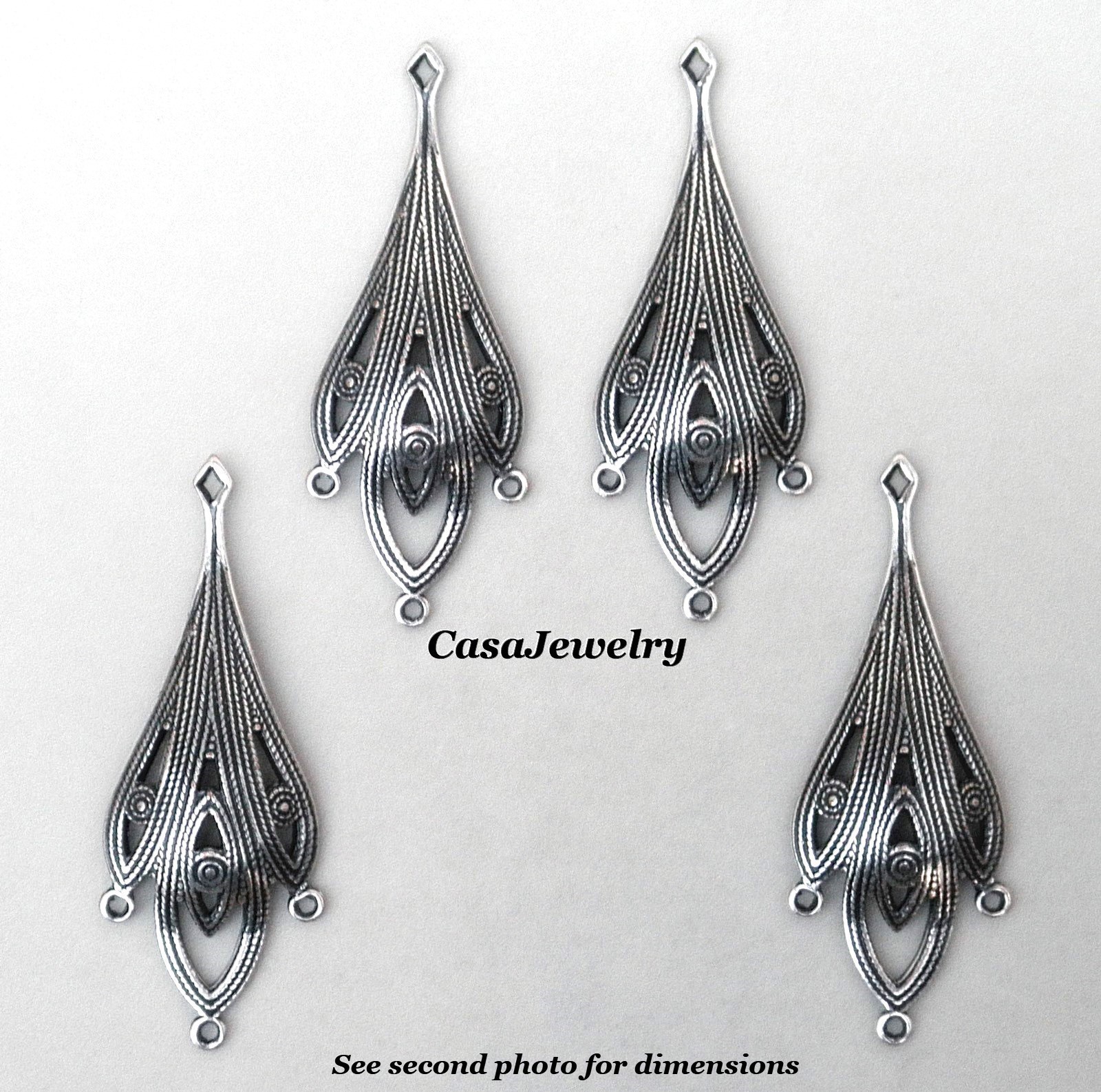 #3428 ANTIQUED .925 STERLING SILVER PLATED 3 DROP EARRING W/TOP HANG RING- 4 Pcs