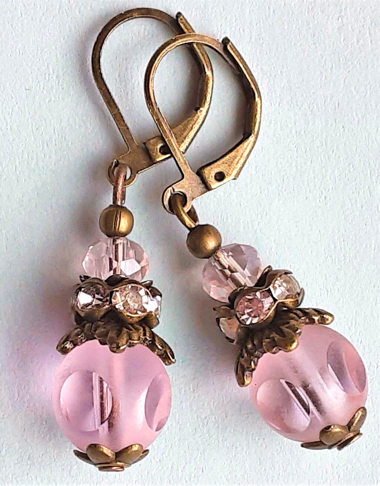 PINK FROSTED Window Cut CRYSTAL drops earring BRONZE LEVERBACK handcrafted XX