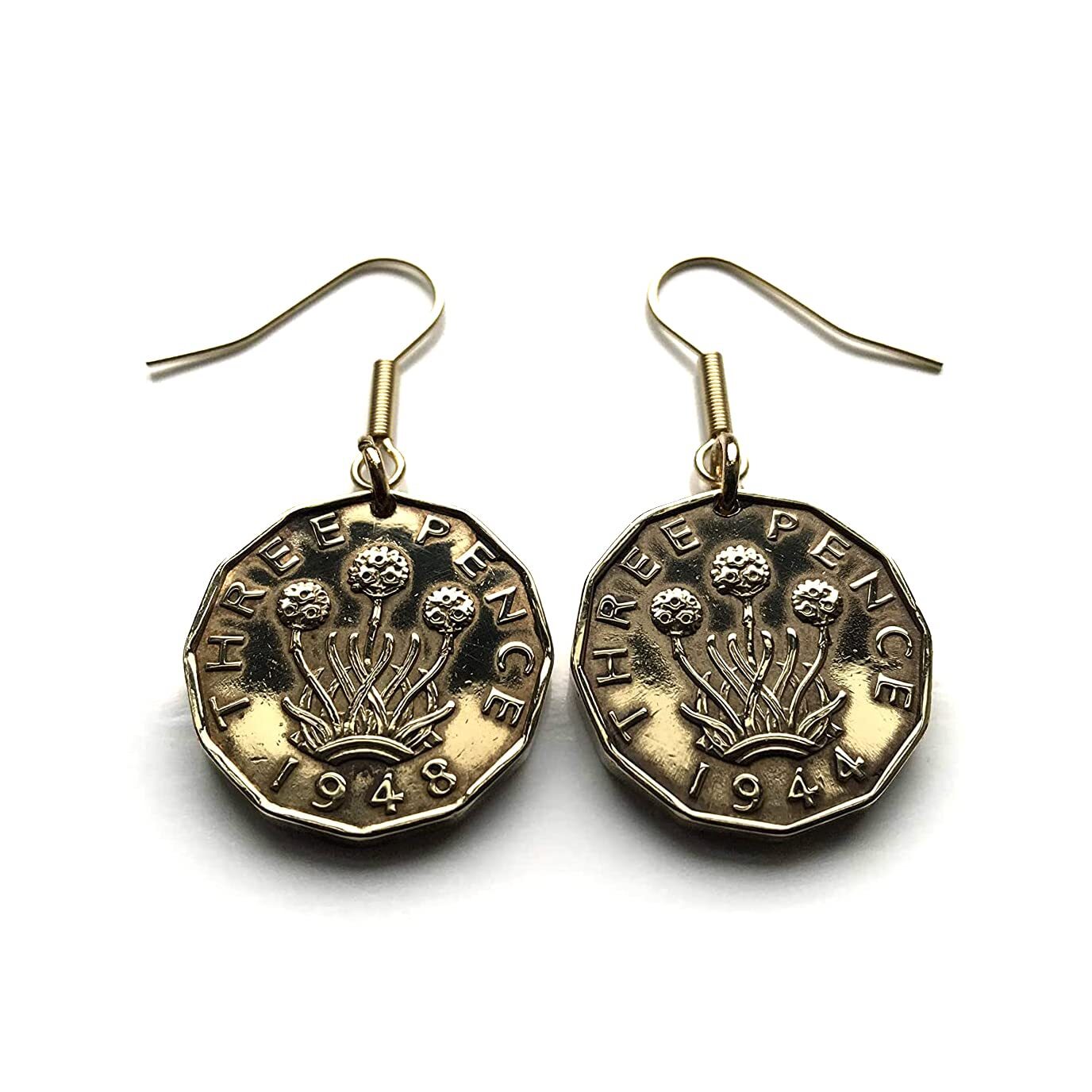 UK Great Britain 3 Pence coin earrings 3 headed thrift plant London Leeds 000074