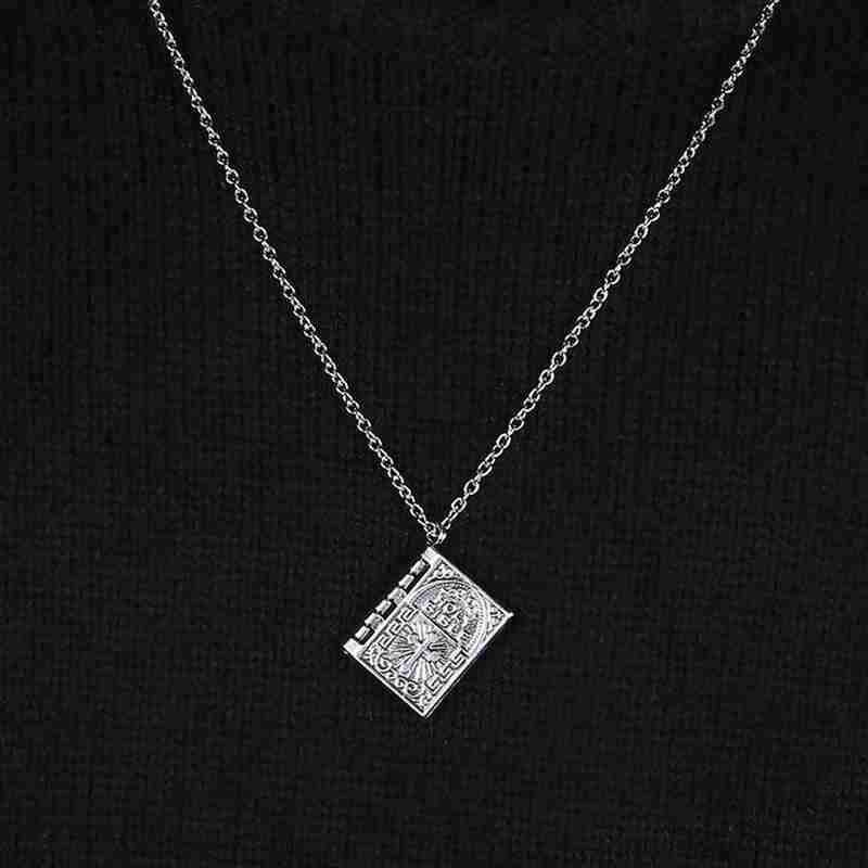 Holy Bible Book Silver Locket Necklace – Religious Prayer Christian Scripture