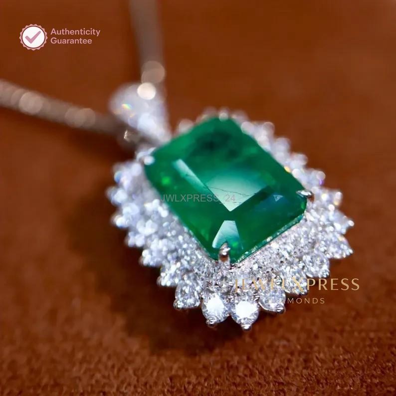 Handmade! 2.00CT Emerald Cut Natural Emerald & Diamond Halo Pendant 14k Gold