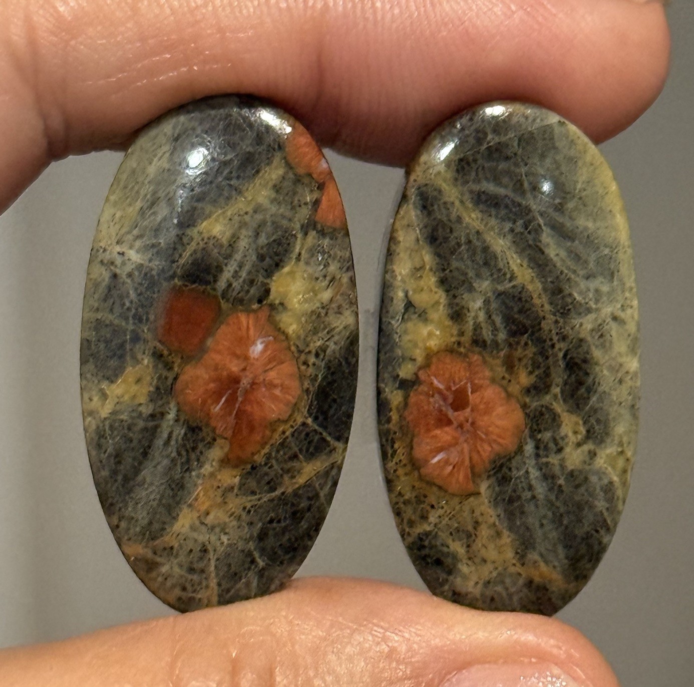 48ct 34.5×17.5×5.3mm Pair Peanut Obsidian Oval Cabochons Poppy Picture Stones