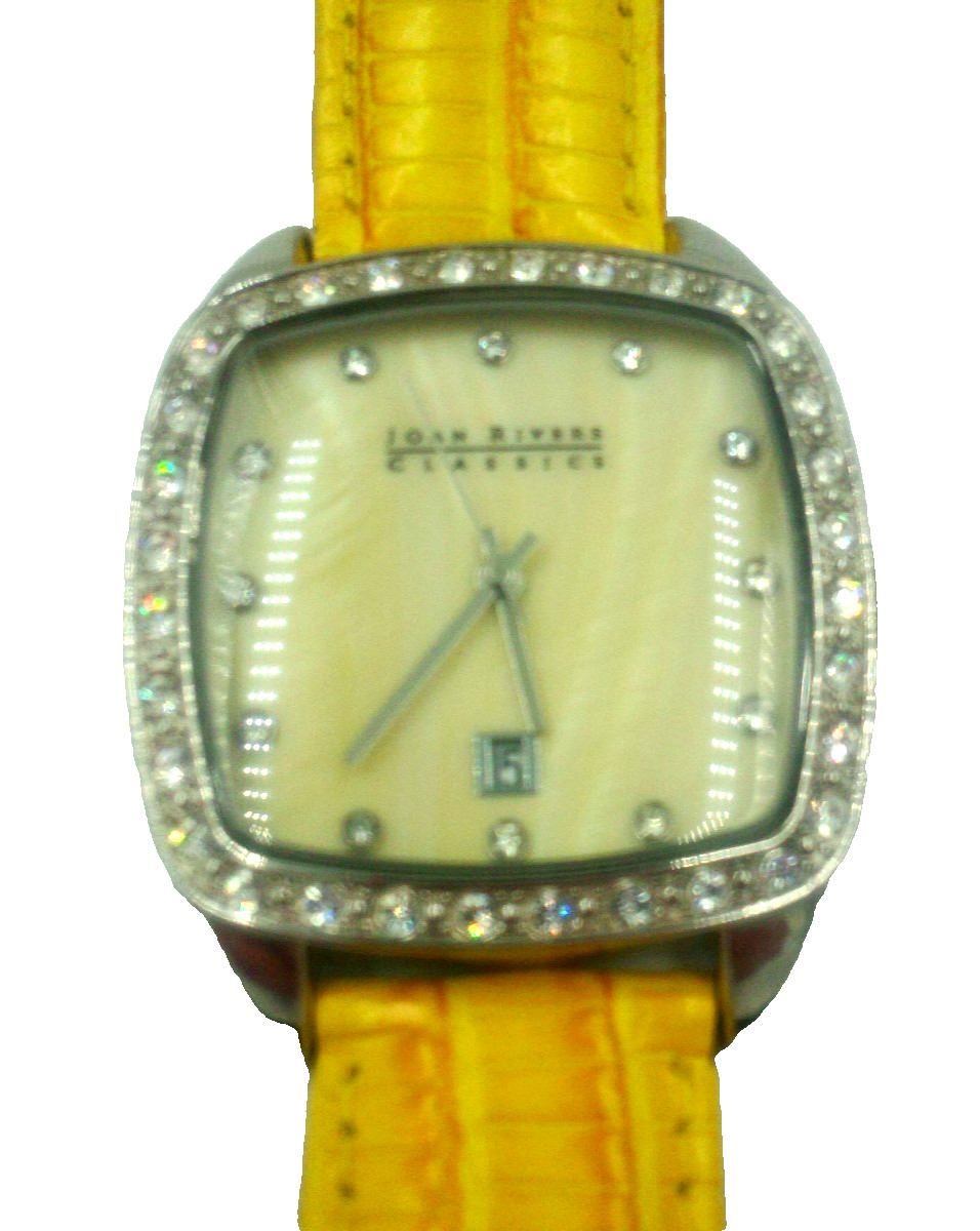 Joan Rivers Classics Yellow Leather Silver Tone CZ Watch V377 Needs Battery