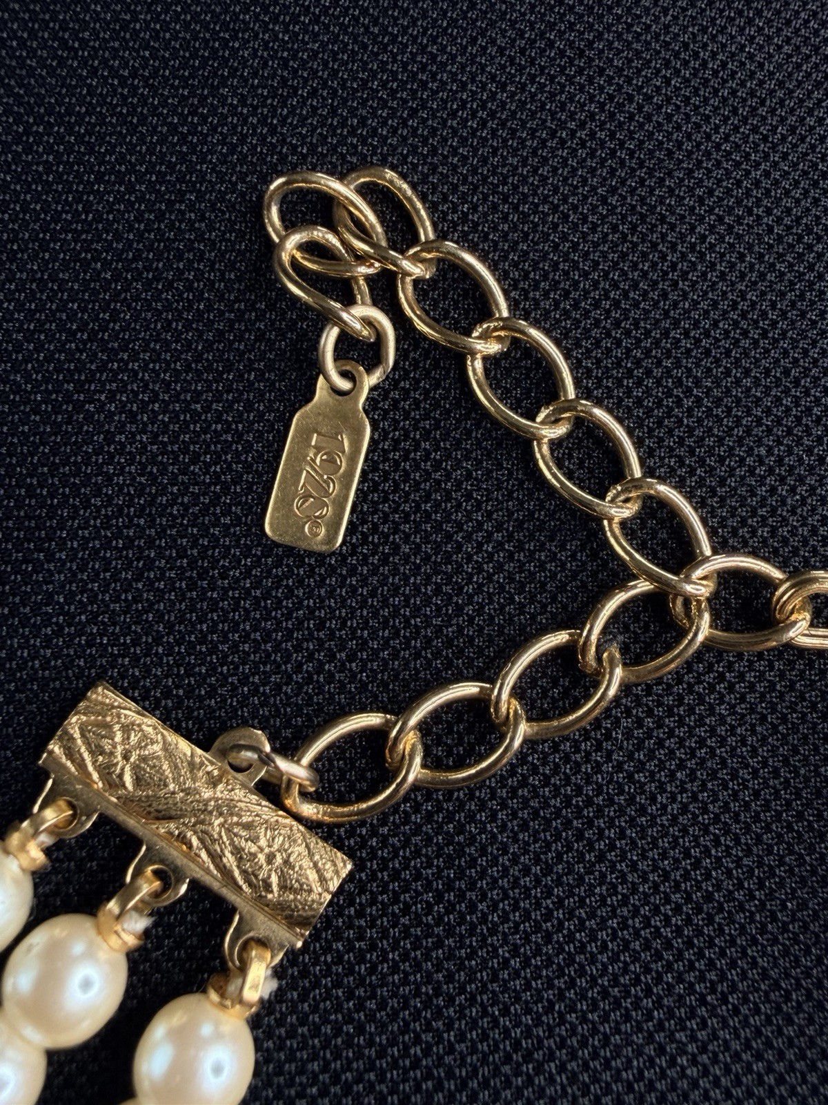 VintageVintage Signed 1928 Triple Strand Pearl Choker Necklace Gold Tone Filigre