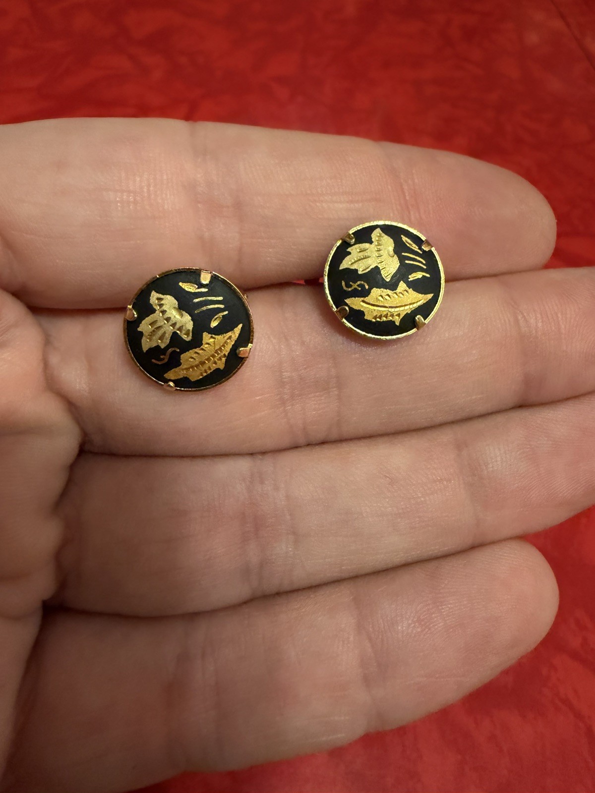 Vintage Black & Gold Damascene Flower Stud Earrings Handcrafted MCM