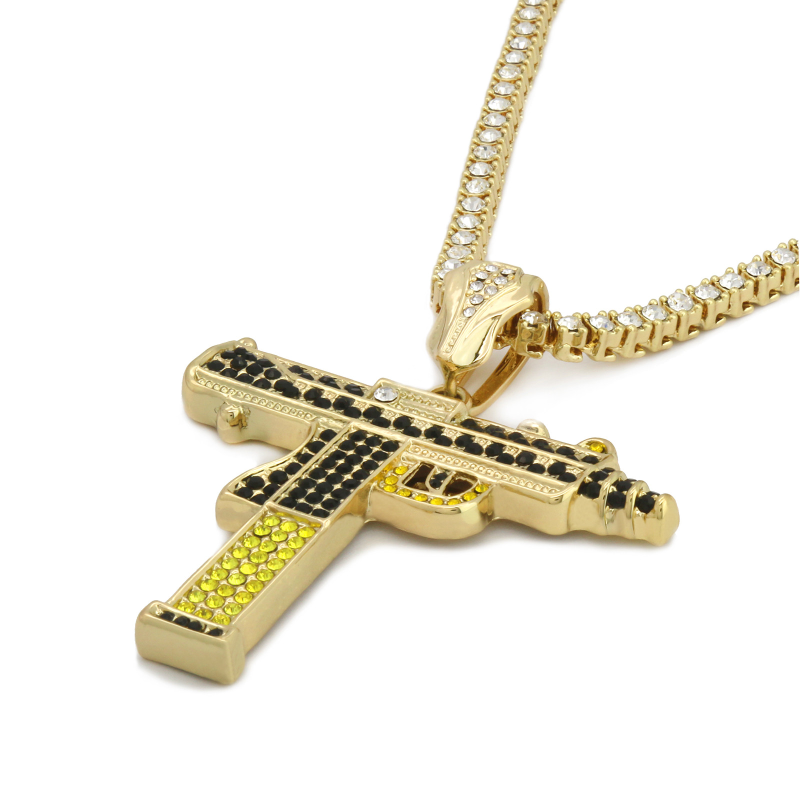 Men’s Hip Hop 14k Gold Plated Uzi Gun Pendant Cubic-Zirconia 3 Chains Bundle