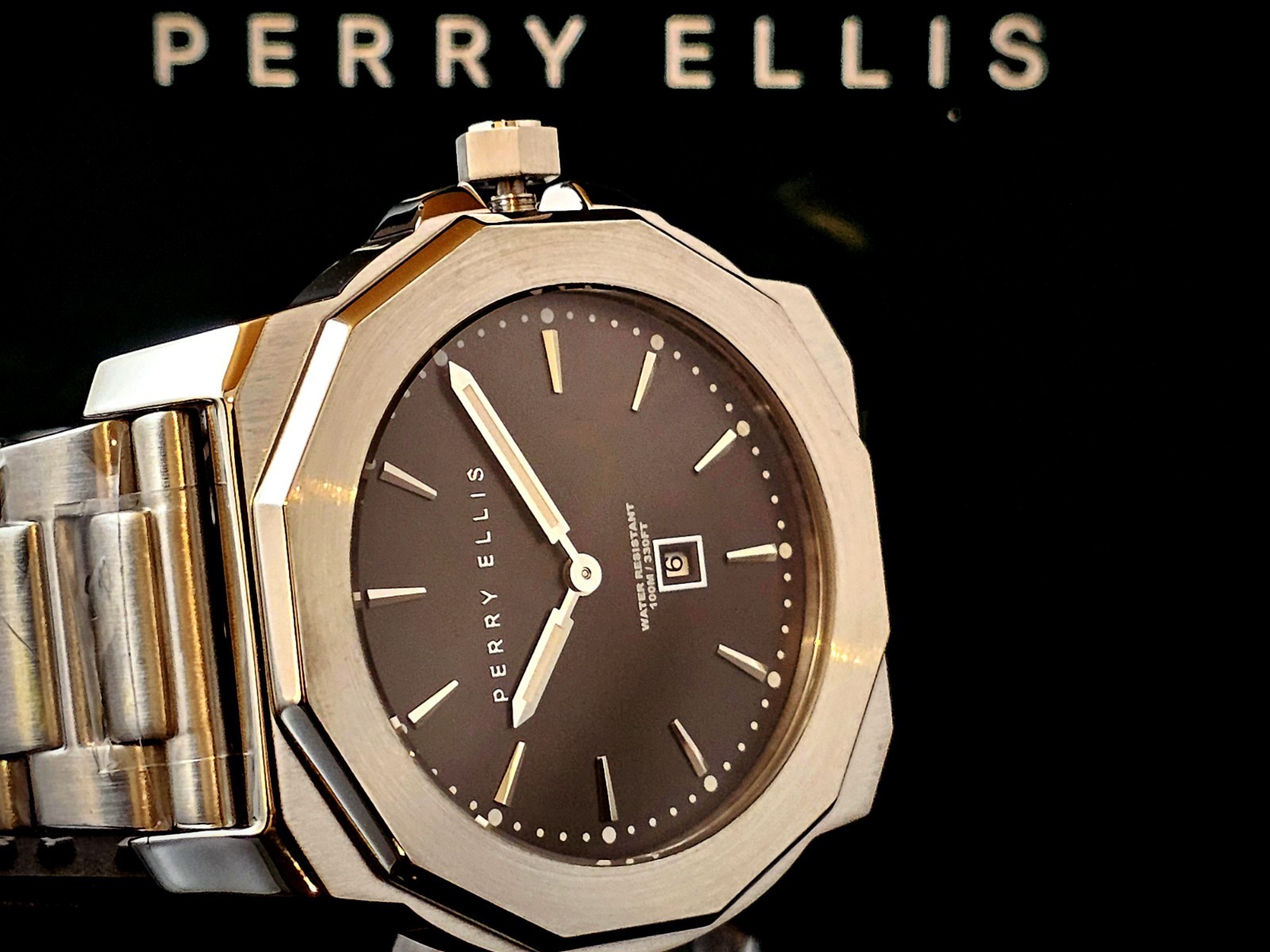 Perry Ellis Decagon Unisex 42mm Quartz Movement Silver Chain Strap w/ Box & Tag