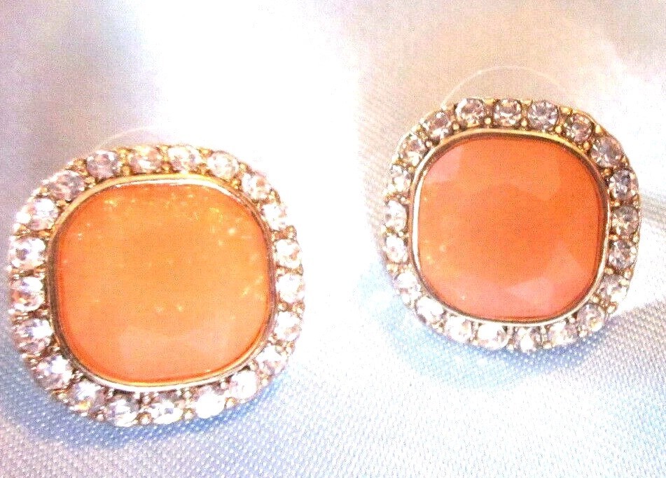 Vintage gold color with rhinstones and orange centers pierced earrings