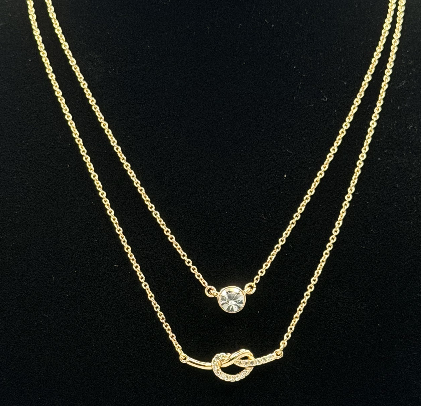 DKNY Gold Tone Crystal Solitaire & Pave Knot Layered Necklace 16+3 NWT Gift Box